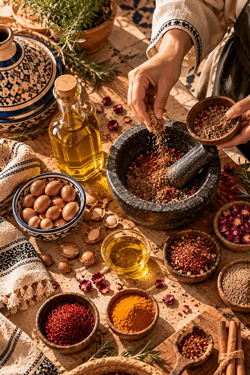 Hands grinding Moroccan spices in a stone mortar beside argan oil, argan nuts, saffron, turmeric and dried rose petals
