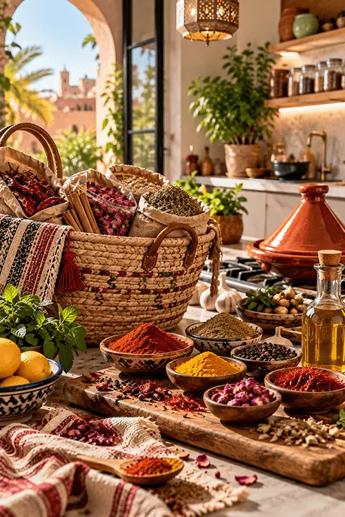 Moroccan spices in bowls on a wooden board with a woven basket, tagine, argan oil, lemons and mint in a sunlit kitchen