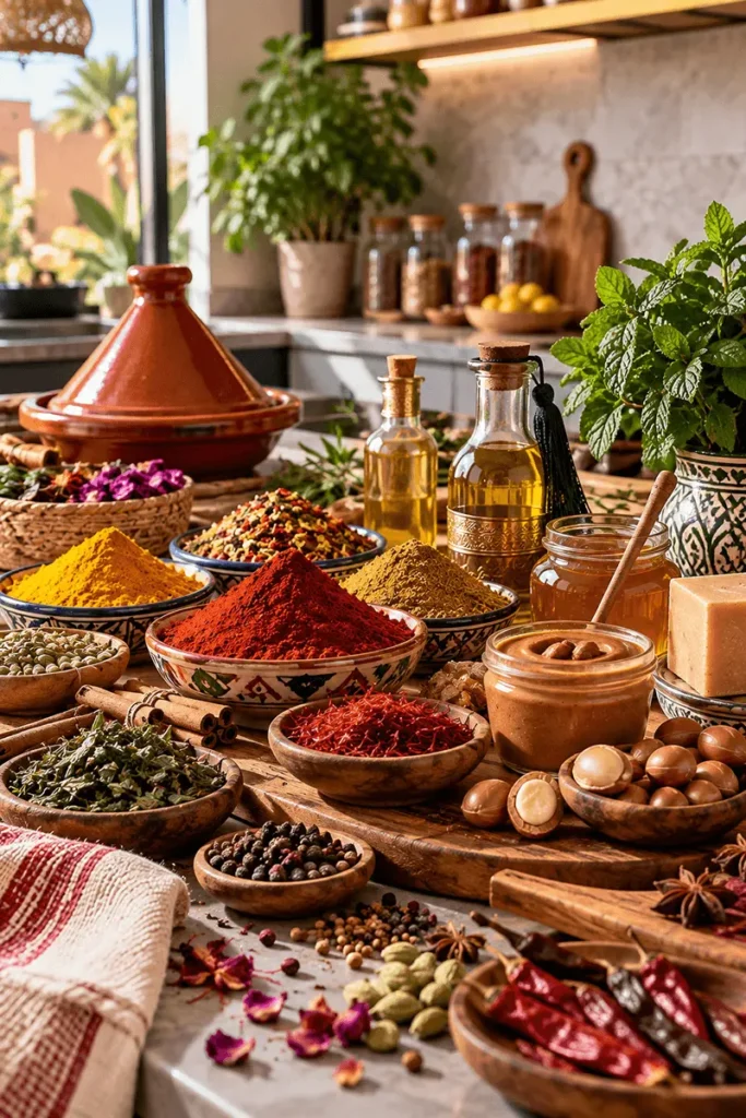 Moroccan spices in patterned bowls with a tagine, argan oil, honey, amlou and fresh mint on a wooden table
